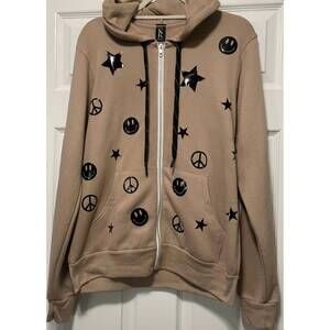 NEW STYLE REFORM women's dotty zip up hoodie in tan with smiles & stars and blac